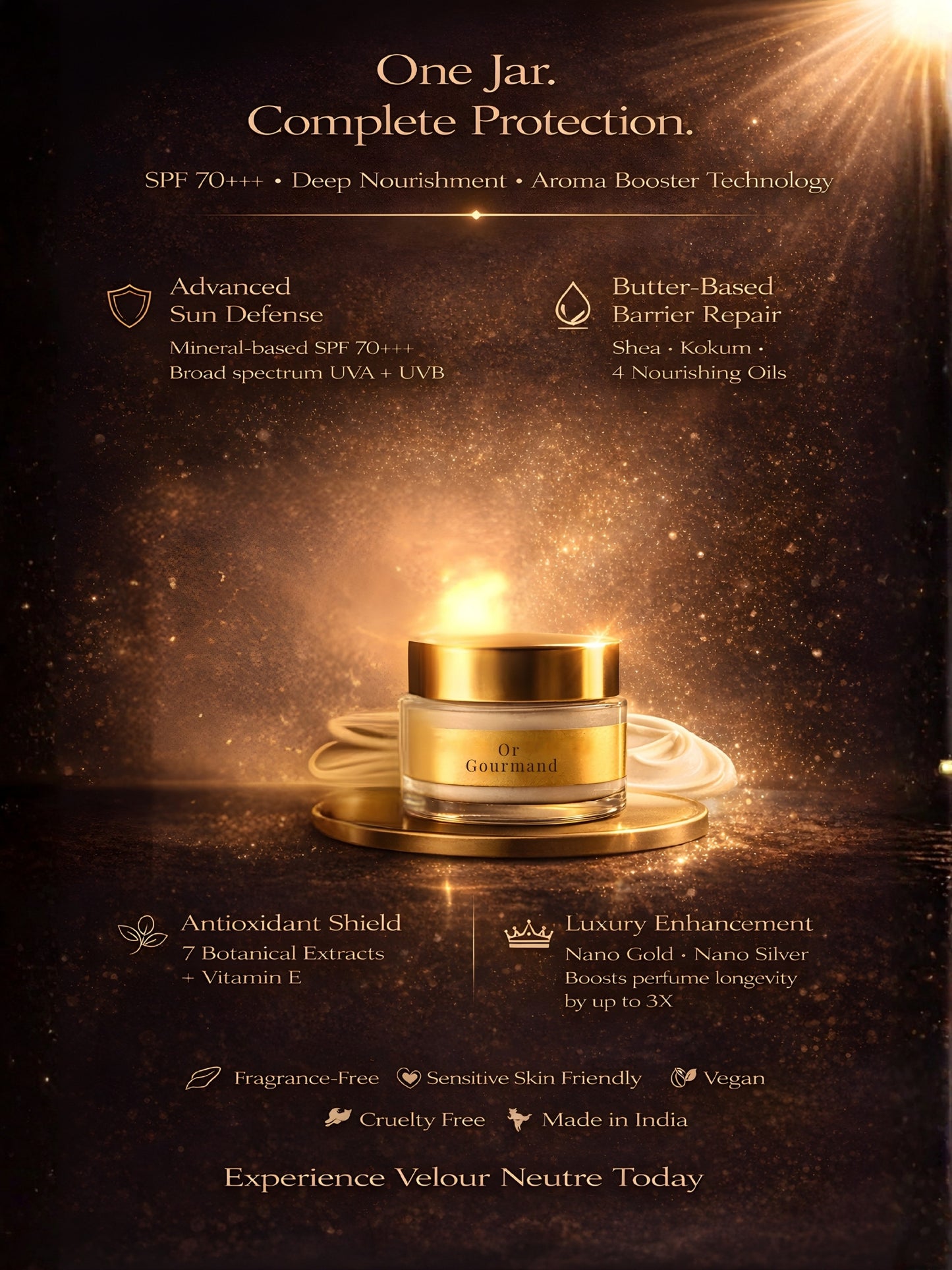 Or Gourmand | India's First Vanilla & Tonka Bean SPF 70 PA++++ Mineral Gel Sunscreen, Moisturizer & Aroma Booster | Sunscreen & Moisturizer | Science-Backed Protection, Botanical-Led