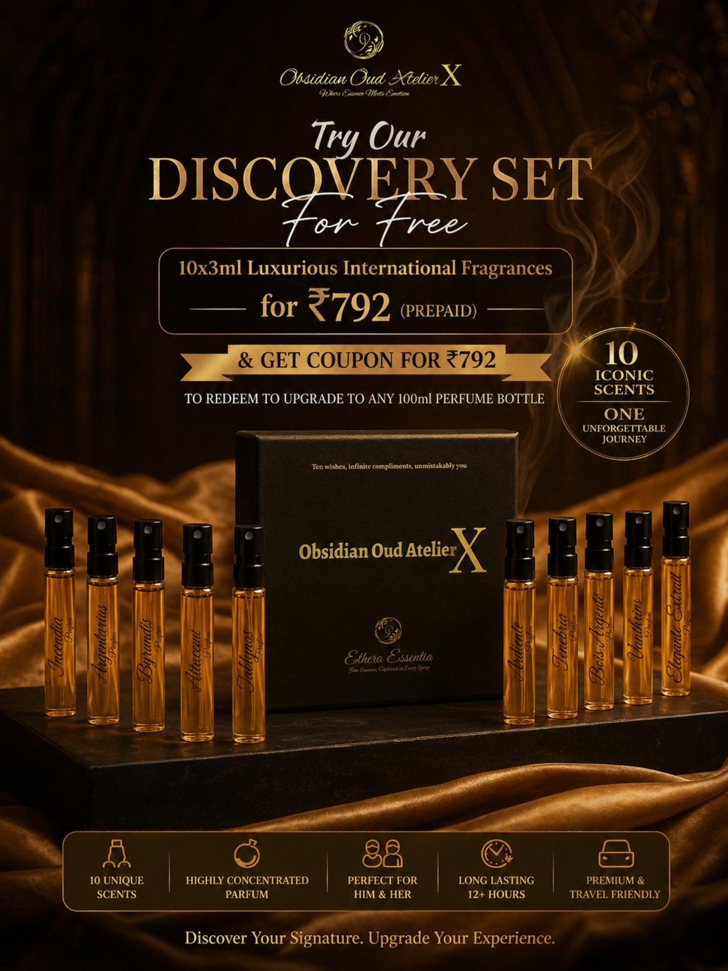 Obsidian Oud Atelier X | 10×3ml Unisex Designer Perfume Discovery Set | Collection of Oud, Woody, Smoky, Seductive, Spicy Fragrances | Try For Free | 50% Luxurious Oil Concentrate | Better Than International Designer Fragrances