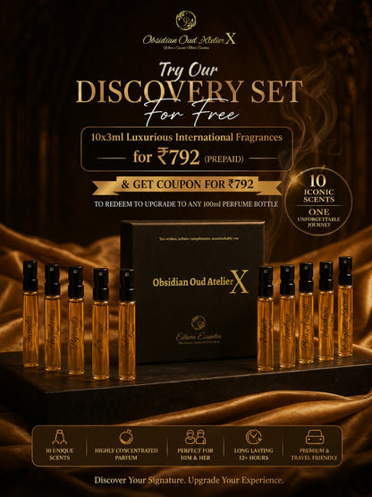 Obsidian Oud Atelier X | 10×3ml Unisex Designer Perfume Discovery Set | Collection of Oud, Woody, Smoky, Seductive, Spicy Fragrances | Try For Free | 50% Luxurious Oil Concentrate | Better Than International Designer Fragrances