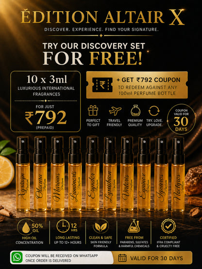 Édition Altair X | 10×3ml Designer Perfume Discovery Set | Collection of Aquatic, Woody, Seductive, Meditative Fragrances | | Try For Free | 50% Luxurious Oil Concentrate | Better Than International Designer Fragrances