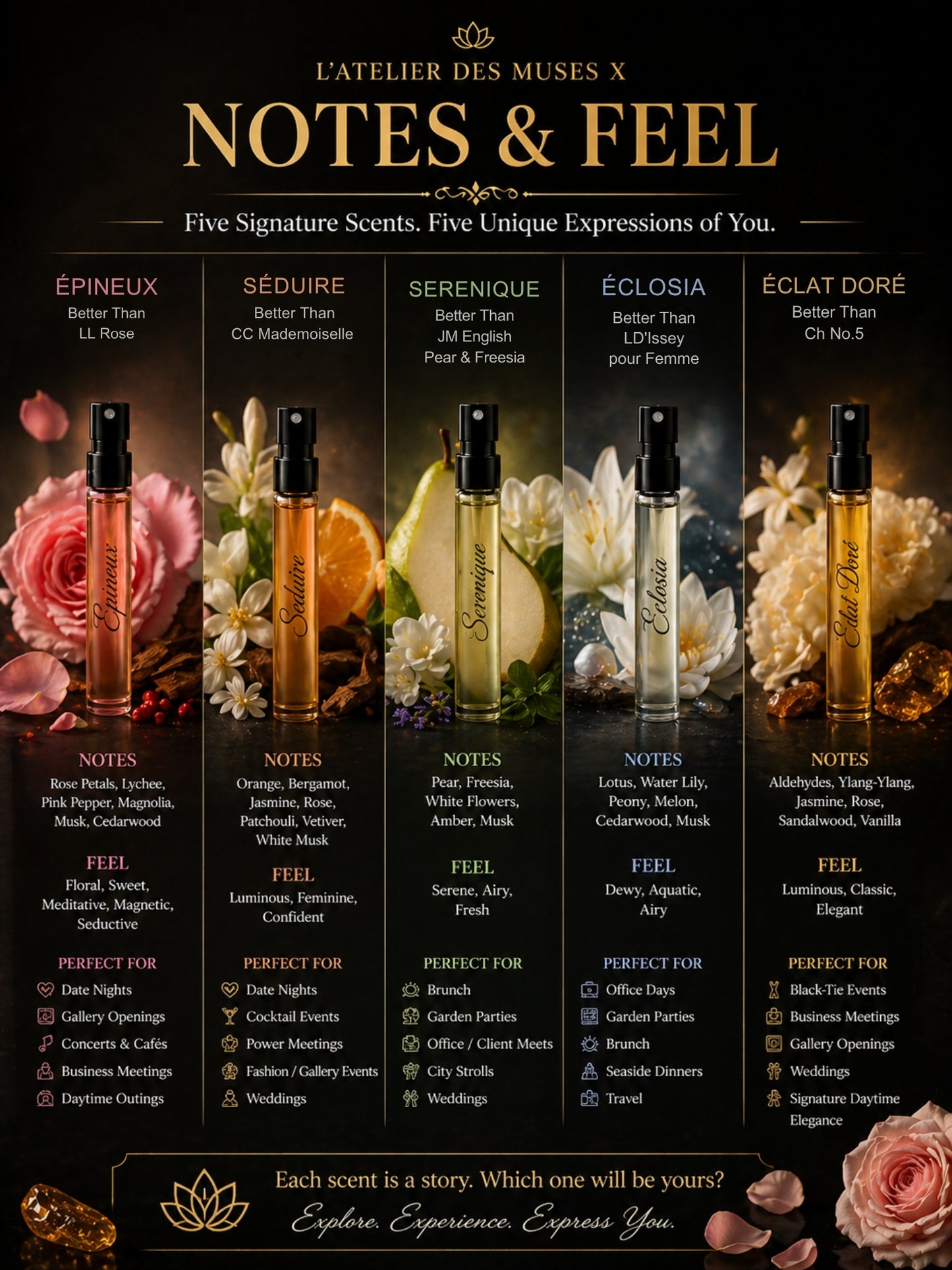 L’Atelier des Muses X | 10×3ml Unisex Designer Perfume Discovery Set | Collection of Floral, Woody, Seductive, Meditative Fragrances | Try For Free | 50% Luxurious Oil Concentrate | Better Than International Designer Fragrances