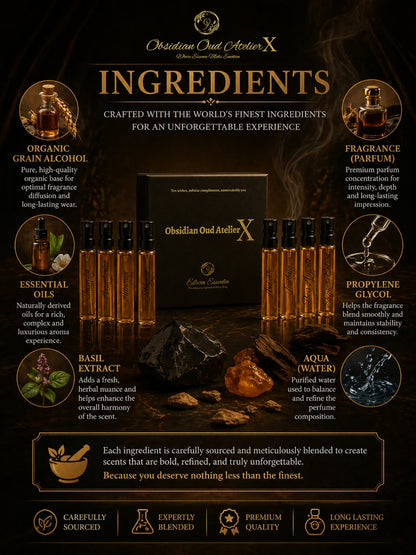 Obsidian Oud Atelier X | 10×3ml Unisex Designer Perfume Discovery Set | Collection of Oud, Woody, Smoky, Seductive, Spicy Fragrances | Try For Free | 50% Luxurious Oil Concentrate | Better Than International Designer Fragrances