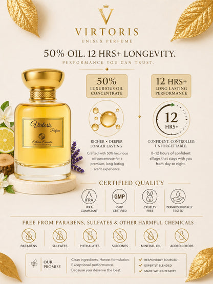 Virtoris Unisex Perfume | Citrus, Floral, Woody, Warm, Comforting, Subtle Seductive, Long-Lasting Unisex Parfum | 50% Luxurious Oil Concentrate | Better Than MB Legend worth Rs 7,900/100ml