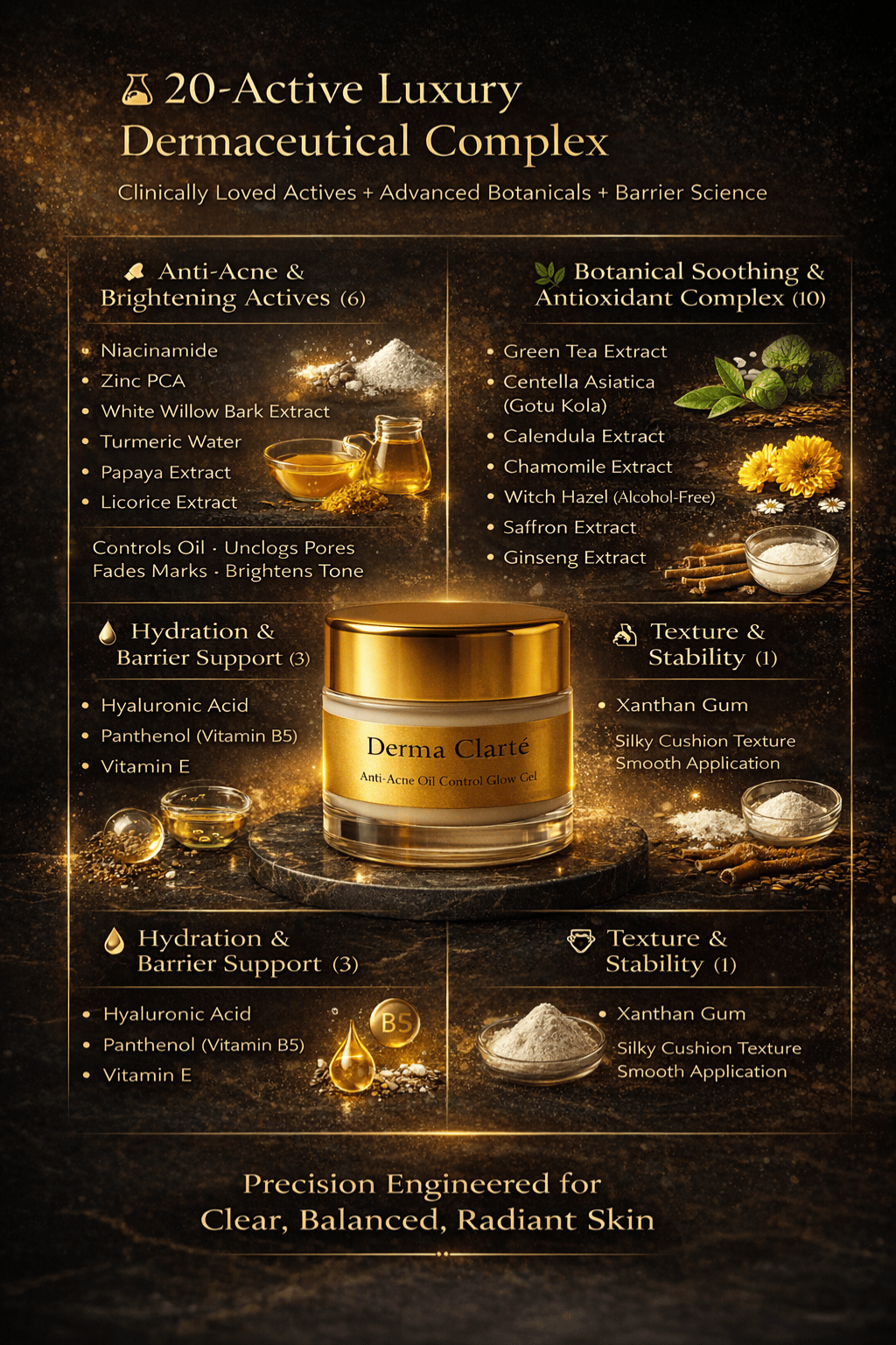 Derma Clarté | Clinical-Grade Botanical Anti-Acne Glow Gel | 20 Science-Backed Actives & Botanicals