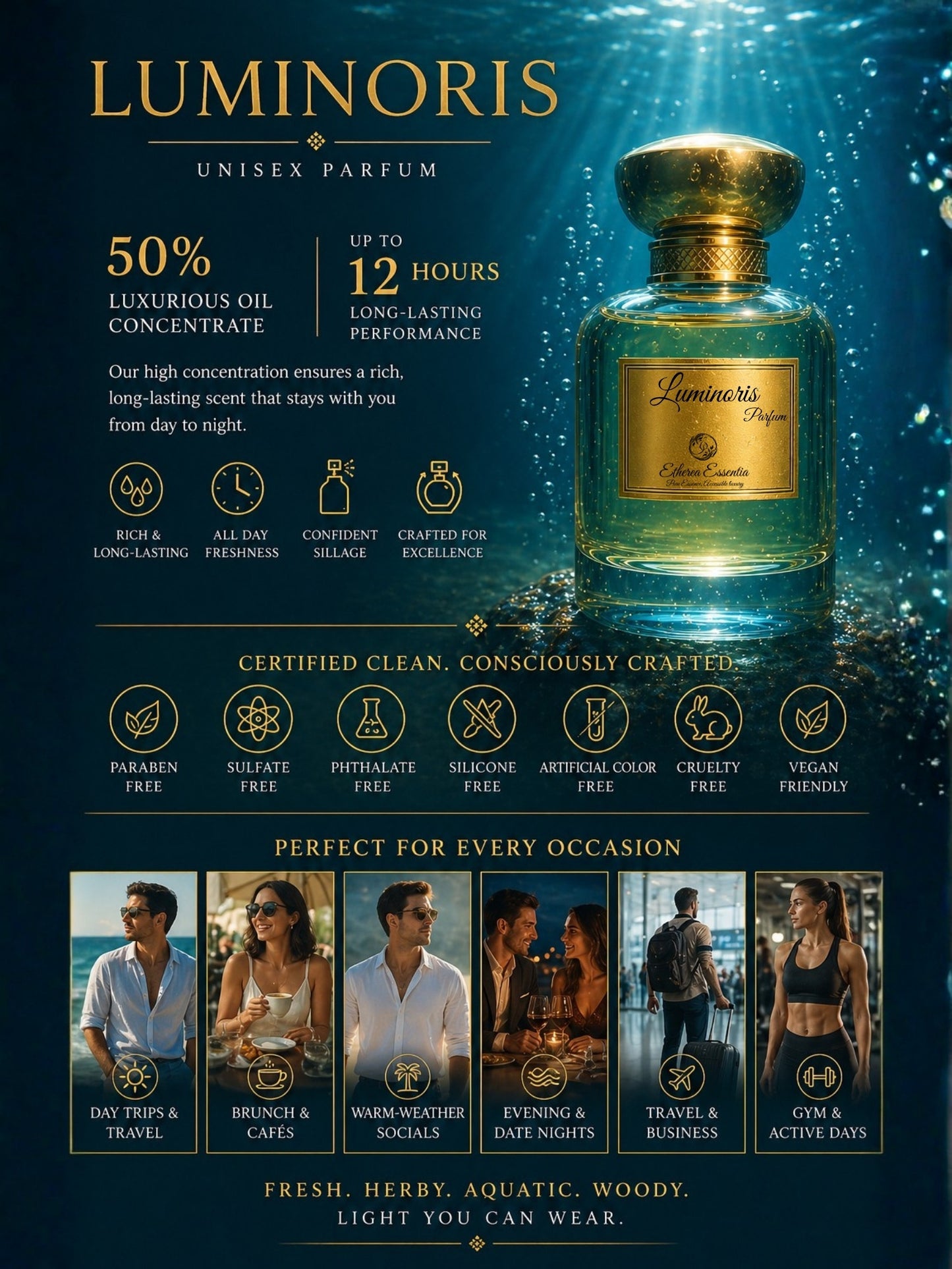 Luminoris Unisex Perfume | Fresh, Herby, Aquatic, Woody, Long-Lasting Unisex Parfum | 50% Luxurious Oil Concentrate | Better Than DC Water worth Rs 4,960/100ml