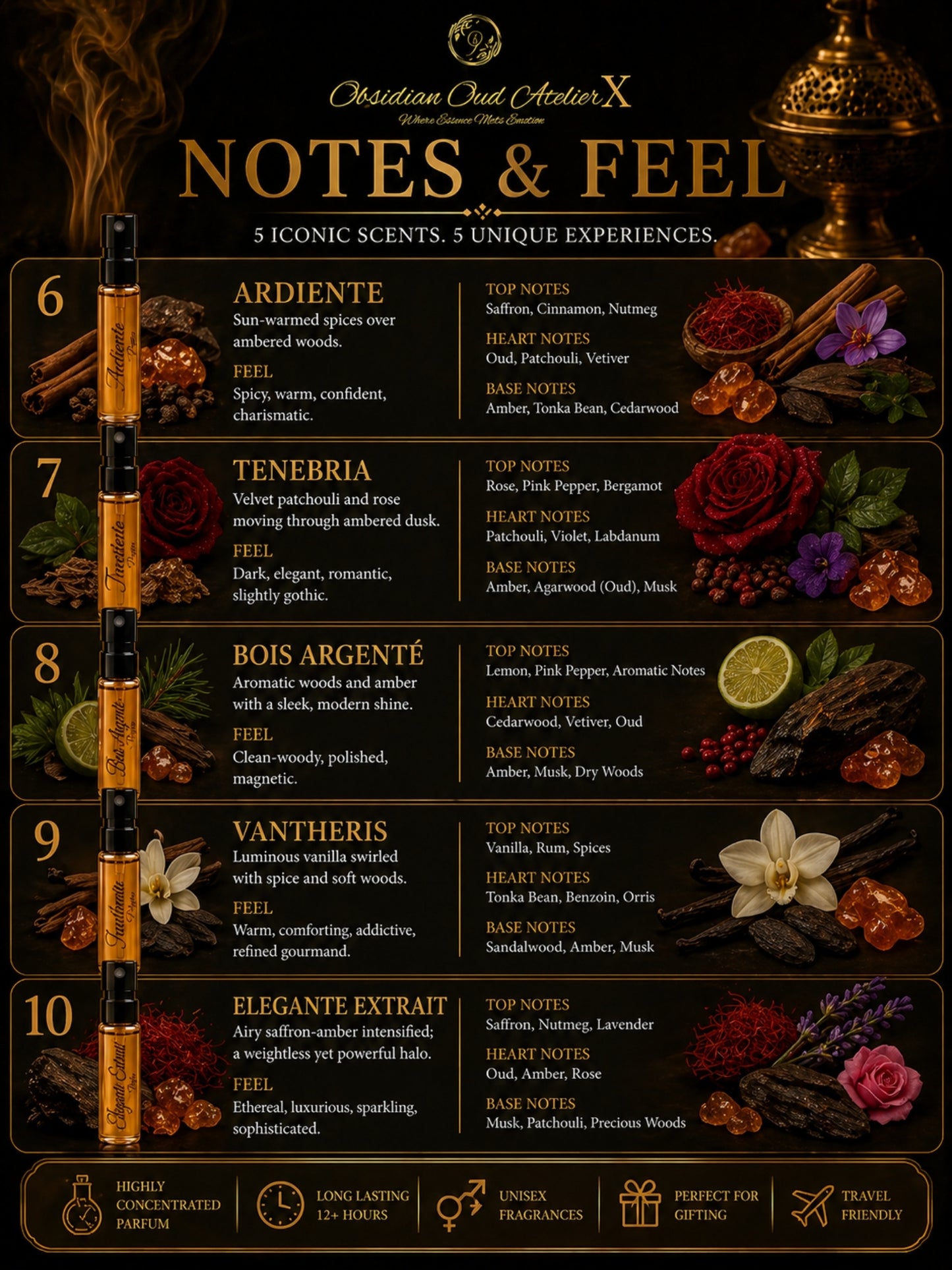 Obsidian Oud Atelier X | 10×3ml Unisex Designer Perfume Discovery Set | Collection of Oud, Woody, Smoky, Seductive, Spicy Fragrances | Try For Free | 50% Luxurious Oil Concentrate | Better Than International Designer Fragrances