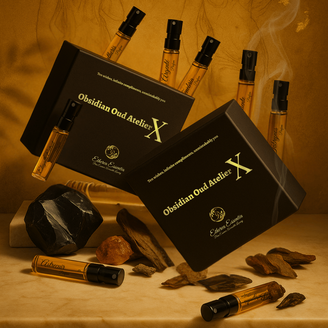 Obsidian Oud Atelier X | 10×3ml Unisex Designer Perfume Discovery Set | Collection of Oud, Woody, Smoky, Seductive, Spicy Fragrances