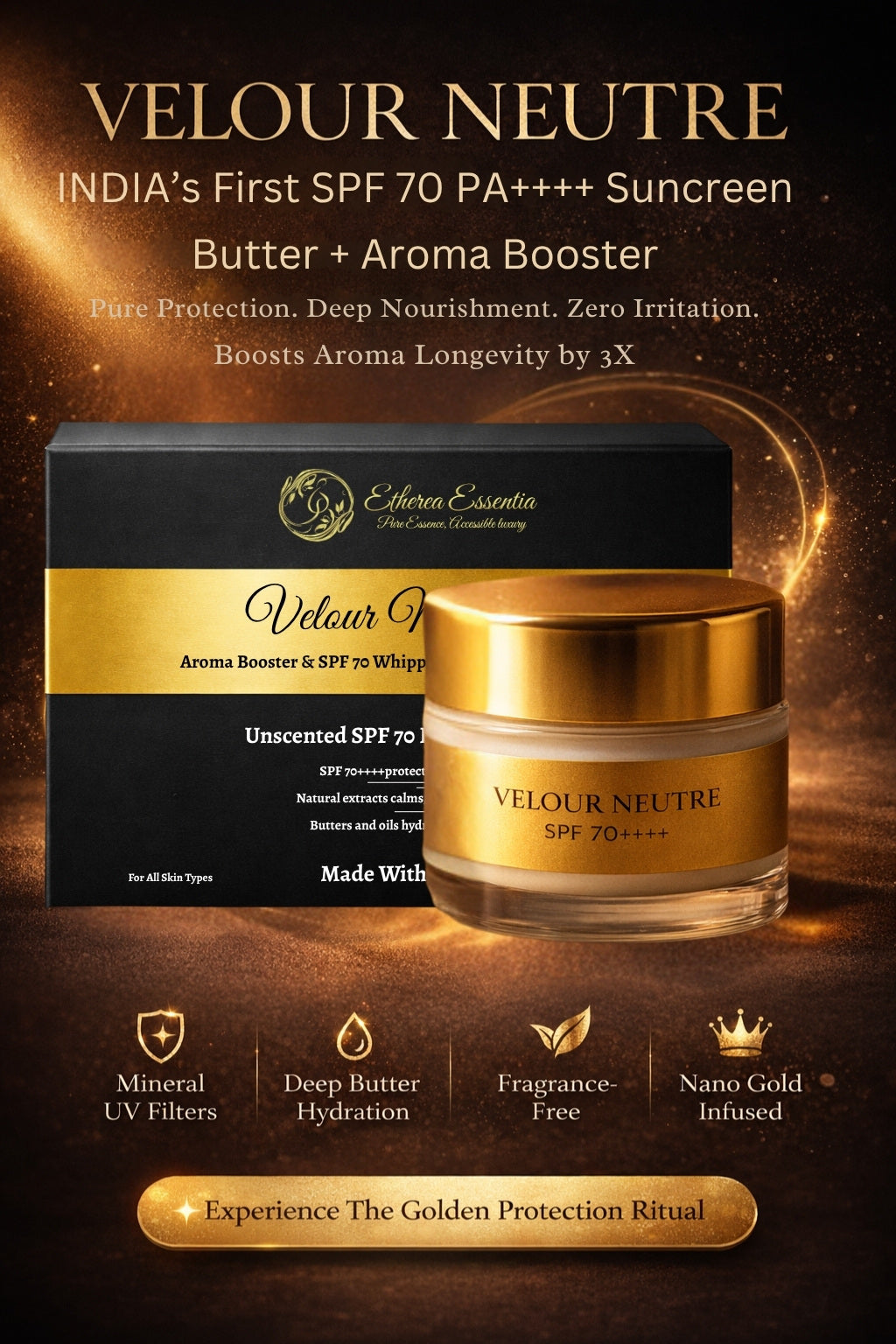Velour Neutre Aroma Booster | India's First SPF 70 PA++++ Mineral Gel Sunscreen, Moisturizer & Aroma Booster | Science-Backed Protection, Botanical-Led